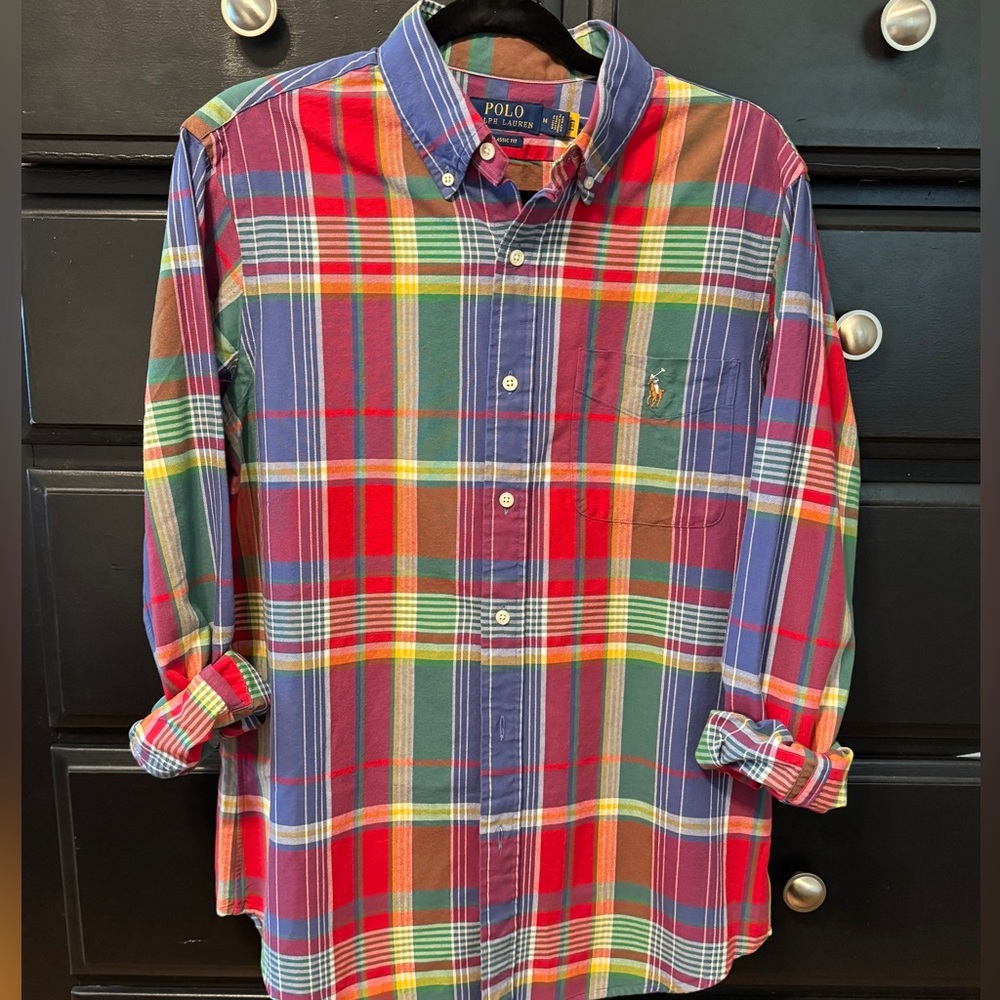 Polo Ralph Lauren Men's Long Leeve Button Up Shirt, Red and Blue